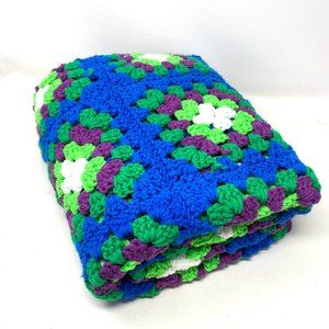 Vintage Blue and Green Afghan Throw Granny Squares 45x60